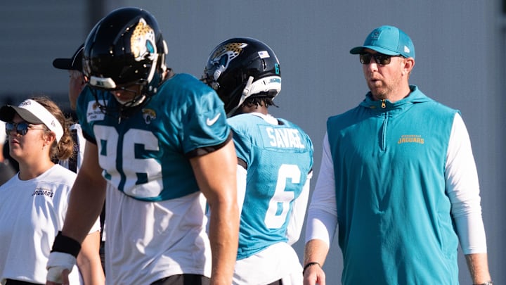 Jacksonville Jaguars Head Coach Liam Coen watches practice during the Jacksonville Jaguars’ 18th and final training camp practice at Miller Electric Center in Jacksonville, Fla. Wednesday August 20, 2025. [Doug Engle/Florida Times-Union]