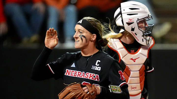 Nebraska's Jordy Frahm (98) celebrates during the college softball game between the Oklahoma State University Cowgirls and the Nebraska Cornhuskers in Stillwater, Okla., Thursday, Feb. 26, 2026. Nebraska's Jordy Frahm (98) celebrates during the college softball game between the Oklahoma State University Cowgirls and the Nebraska Cornhuskers in Stillwater, Okla., Thursday, Feb. 26, 2026.