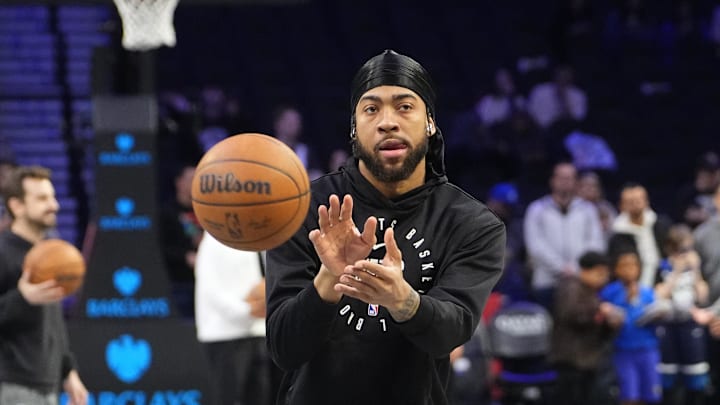 Apr 3, 2025; Brooklyn, New York, USA; Brooklyn Nets power forward Trendon Watford (9) warms up prior to the game against the Minnesota Timberwolves at Barclays Center. Mandatory Credit: Gregory Fisher-Imagn Images