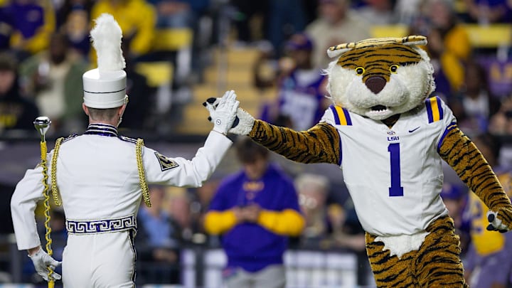 Nov 23, 2024; Baton Rouge, Louisiana, USA;  LSU Tigers mascot Mike the Tiger against the Vanderbilt Commodores during the first half at Tiger Stadium. Mandatory Credit: Stephen Lew-Imagn Images
