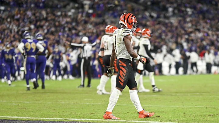 Nov 7, 2024; Baltimore, Maryland, USA;Cincinnati Bengals wide receiver Ja'Marr Chase (1) walks off the field after a failed 2-pt conversion  during the second half  against the Baltimore Ravens at M&T Bank Stadium. Mandatory Credit: Tommy Gilligan-Imagn Images