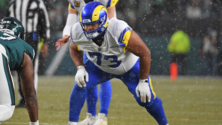 Los Angeles Rams guard Steve Avila against the Philadelphia Eagles in an NFC divisional round game. Los Angeles Rams guard Steve Avila against the Philadelphia Eagles in an NFC divisional round game.