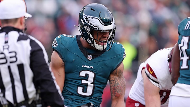 Jan 26, 2025; Philadelphia, PA, USA; Philadelphia Eagles linebacker Nolan Smith Jr. (3) reacts after a play against the Washington Commanders during the first half of the NFC Championship game at Lincoln Financial Field. Mandatory Credit: Bill Streicher-Imagn Images Jan 26, 2025; Philadelphia, PA, USA; Philadelphia Eagles linebacker Nolan Smith Jr. (3) reacts after a play against the Washington Commanders during the first half of the NFC Championship game at Lincoln Financial Field. Mandatory Credit: Bill Streicher-Imagn Images