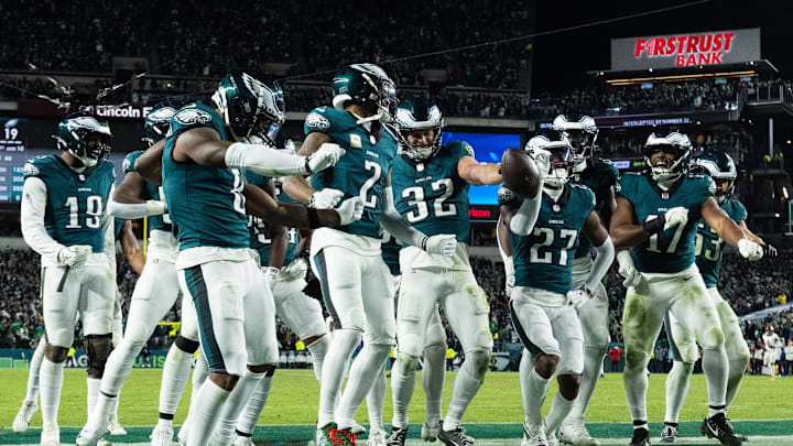 Nov 14, 2024; Philadelphia, Pennsylvania, USA; Philadelphia Eagles safety Reed Blankenship (32) celebrates with teammates after his interception during the fourth quarter against the Washington Commanders at Lincoln Financial Field. Mandatory Credit: Bill Streicher-Imagn Images Nov 14, 2024; Philadelphia, Pennsylvania, USA; Philadelphia Eagles safety Reed Blankenship (32) celebrates with teammates after his interception during the fourth quarter against the Washington Commanders at Lincoln Financial Field. Mandatory Credit: Bill Streicher-Imagn Images