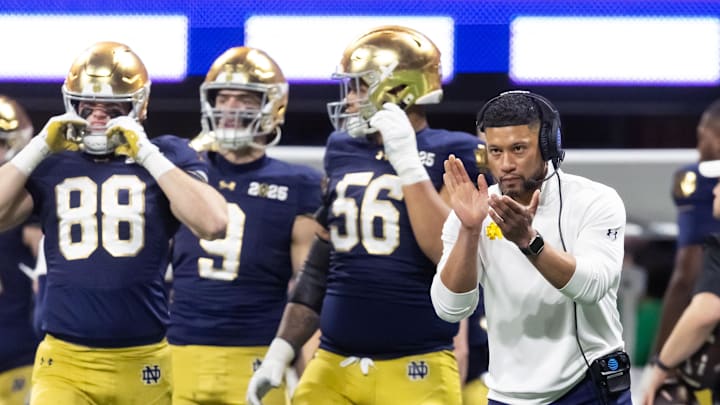 Jan 20, 2025; Atlanta, GA, USA; Notre Dame Fighting Irish head coach Marcus Freeman against the Ohio State Buckeyes during the CFP National Championship college football game at Mercedes-Benz Stadium. 