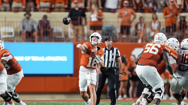 Sep 21, 2024; Austin, Texas, USA;  Texas Longhorns quarterback Arch Manning (16) throws a pass in the first half against the Louisiana Monroe Warhawks at Darrell K Royal-Texas Memorial Stadium. Mandatory Credit: Daniel Dunn-Imagn Images