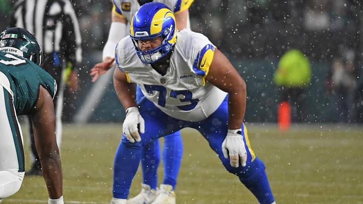 Jan 19, 2025; Philadelphia, Pennsylvania, USA; Los Angeles Rams guard Steve Avila (73) against the Philadelphia Eagles in a 2025 NFC divisional round game at Lincoln Financial Field. Mandatory Credit: Eric Hartline-Imagn Images