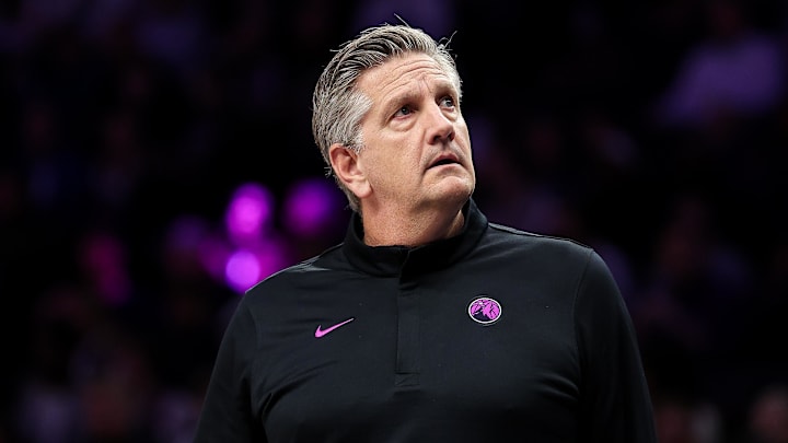 Mar 28, 2026; Minneapolis, Minnesota, USA; Minnesota Timberwolves head coach Chris Finch looks on during the first half against the Detroit Pistons at Target Center. Mandatory Credit: Matt Krohn-Imagn Images