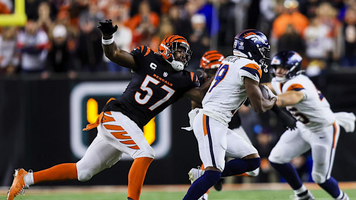 Dec 28, 2024; Cincinnati, Ohio, USA; Cincinnati Bengals linebacker Germaine Pratt (57) chases after Denver Broncos wide receiver Marvin Mims Jr. (19) in the first half at Paycor Stadium. Mandatory Credit: Katie Stratman-Imagn Images
