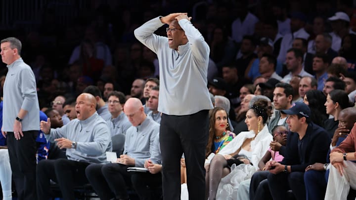 Nov 17, 2025; Miami, Florida, USA; New York Knicks head coach Mike Brown reacts against the Miami Heat during the second quarter at Kaseya Center. Mandatory Credit: Sam Navarro-Imagn Images