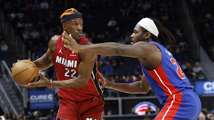 Dec 16, 2024; Detroit, Michigan, USA; Miami Heat forward Jimmy Butler (22) is defended by Detroit Pistons center Isaiah Stewart (28) in the first half at Little Caesars Arena. Mandatory Credit: Rick Osentoski-Imagn Images Dec 16, 2024; Detroit, Michigan, USA; Miami Heat forward Jimmy Butler (22) is defended by Detroit Pistons center Isaiah Stewart (28) in the first half at Little Caesars Arena. Mandatory Credit: Rick Osentoski-Imagn Images