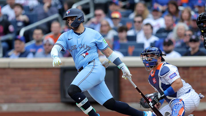 New York City, New York, USA; Toronto Blue Jays shortstop Bo Bichette (11) bats against the New York Mets during the first inning at Citi Field.