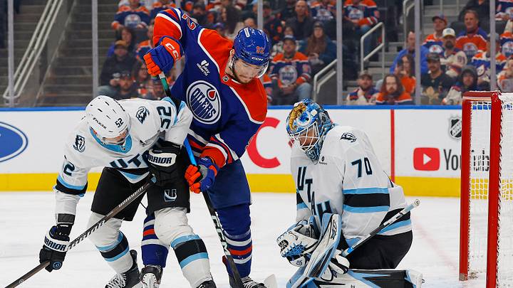 Oct 15, 2026; Edmonton, Alberta, CAN; Edmonton Oilers forward Vasily Podkolzin (92) looks for the puck in front of Utah Mammoth goaltender Karel Vejmelka (70) during the third period at Rogers Place. Mandatory Credit: Perry Nelson-Imagn Images Oct 15, 2026; Edmonton, Alberta, CAN; Edmonton Oilers forward Vasily Podkolzin (92) looks for the puck in front of Utah Mammoth goaltender Karel Vejmelka (70) during the third period at Rogers Place. Mandatory Credit: Perry Nelson-Imagn Images
