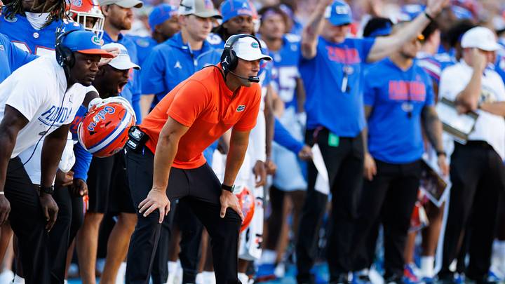 Sep 26, 2026; Gainesville, Florida, USA;  Florida Gators head coach Jon Sumrall during the first half against the Mississippi Rebels at Ben Hill Griffin Stadium.  Mandatory Credit: Matt Pendleton-Imagn Images