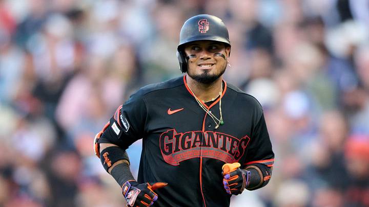 San Francisco, California, USA; San Francisco Giants infielder Luis Arraez (1) reacts after lining out to Atlanta Braves infielder Mauricio Dubon (not pictured) during the fifth inning at Oracle Park. Mandatory Credit: Robert Edwards-Imagn Images