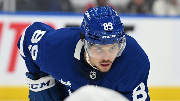 Sep 26, 2024; Toronto, Ontario, CAN;  Toronto Maple Leafs forward Nick Robertson (89) prepares for a faceoff against the Montreal Canadiens in the third period at Scotiabank Arena. Mandatory Credit: Dan Hamilton-Imagn Images