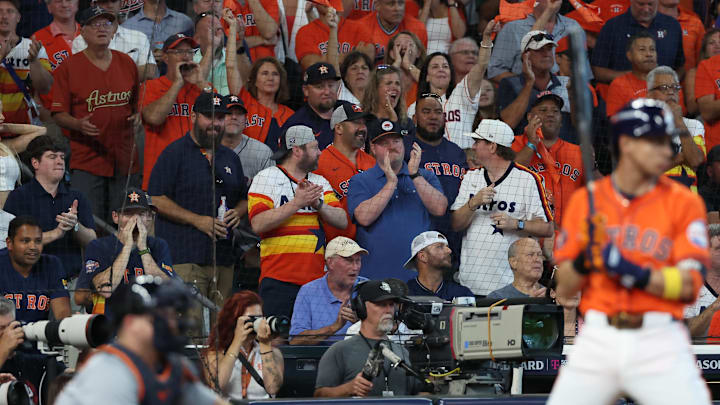 Oct 2, 2024; Houston, Texas, USA; Houston Astros fans react during the seventh inning of game two of the Wildcard round for the 2024 MLB Playoffs against the Detroit Tigers at Minute Maid Park. Mandatory Credit: Thomas Shea-Imagn Images