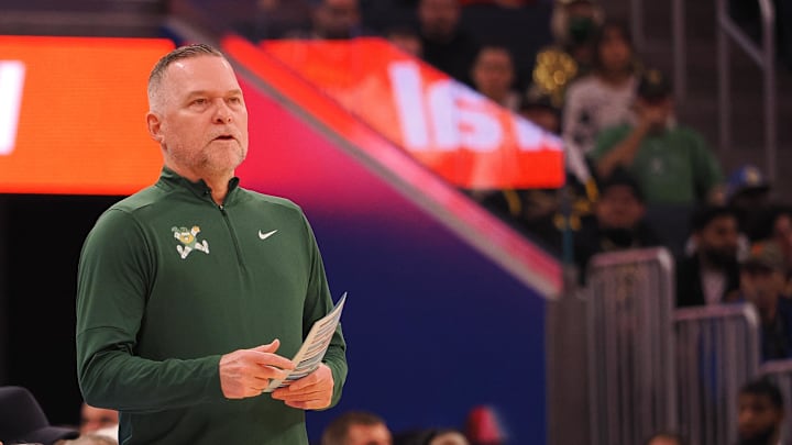 Mar 17, 2025; San Francisco, California, USA; Denver Nuggets head coach Michael Malone on the sideline during the first quarter against the Golden State Warriors at Chase Center. Mandatory Credit: Kelley L Cox-Imagn Images