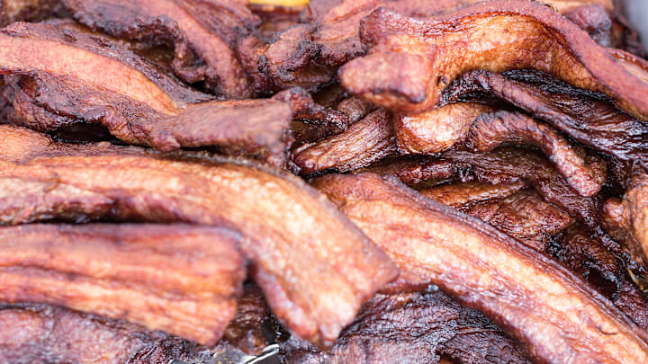 Slices of cooked bacon, full frame image. Pan American Food...
