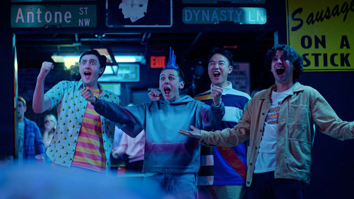 Cobra Kai. (L to R) Gianni DeCenzo as Demetri, Jacob Bertrand as Eli 'Hawk' Moskowitz, Joe Seo as Kyler, Xolo Maridueña as Miguel Diaz in Cobra Kai. Cr. Courtesy of Netflix © 2024