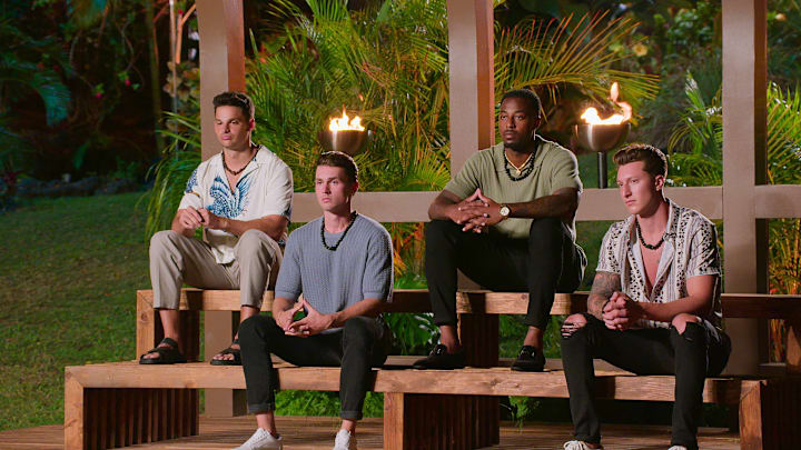 Temptation Island. (L to R) Lino Troisi, Tyler Breshears, Brion Whitley, Grant Larson in episode 102 of Temptation Island. Cr. Courtesy of Netflix © 2025