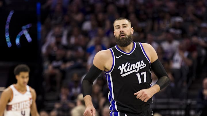 Apr 13, 2025; Sacramento, California, USA;  Sacramento Kings center Jonas Valanciunas (17) runs down the court during the fourth quarter against the Phoenix Suns at Golden 1 Center. Mandatory Credit: John Hefti-Imagn Images