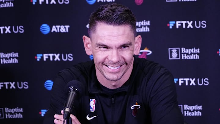 Apr 3, 2022; Toronto, Ontario, CAN; Miami Heat assistant coach Chris Quinn addresses the media before a game against the Toronto Raptors at Scotiabank Arena. Mandatory Credit: John E. Sokolowski-Imagn Images