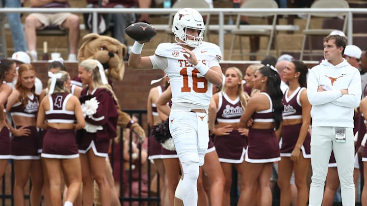 Oct 25, 2025; Starkville, Mississippi, USA; Texas Longhorns quarterback Arch Manning (16) passes the ball during warm ups  prior to the game against the Mississippi State Bulldogs at Davis Wade Stadium at Scott Field. Mandatory Credit: Petre Thomas-Imagn Images