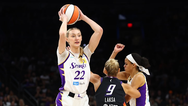 Sep 9, 2025; Phoenix, Arizona, USA; Los Angeles Sparks forward Cameron Brink (22) against the Phoenix Mercury during the first half of a WNBA game at PHX Arena. Mandatory Credit: Mark J. Rebilas-Imagn Images