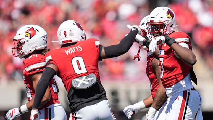Louisville Cardinals defensive lineman AJ Green (17) celebrates a defensive stop with Louisville Cardinals linebacker Antonio Watts (9) during the Cards' 51-17 win over Eastern Kentucky University at the Cardinals' season opener Saturday, August 30, 2025 at L&N Federal Credit Union Stadium in Louisville, Kentucky. Louisville Cardinals defensive lineman AJ Green (17) celebrates a defensive stop with Louisville Cardinals linebacker Antonio Watts (9) during the Cards' 51-17 win over Eastern Kentucky University at the Cardinals' season opener Saturday, August 30, 2025 at L&N Federal Credit Union Stadium in Louisville, Kentucky.