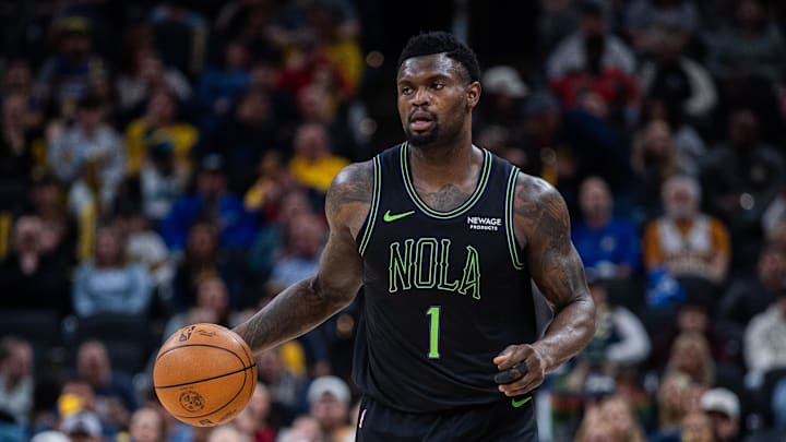 Jan 16, 2026; Indianapolis, Indiana, USA;  New Orleans Pelicans forward Zion Williamson (1) dribbles the ball in the second half against the Indiana Pacers at Gainbridge Fieldhouse. Mandatory Credit: Trevor Ruszkowski-Imagn Images