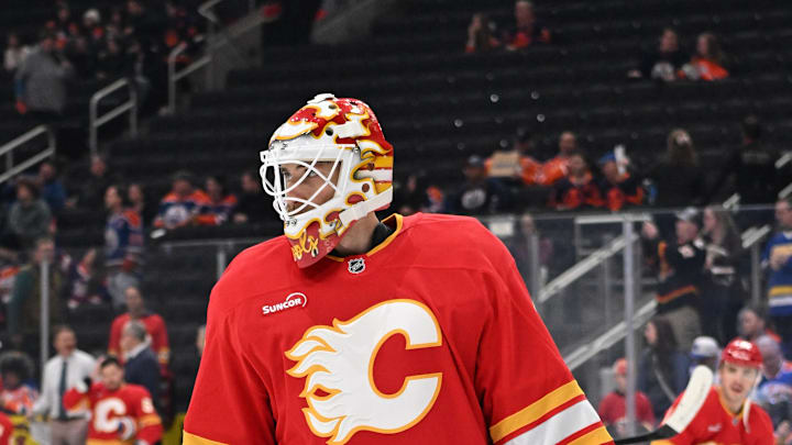 Dec 23, 2025; Edmonton, Alberta, CAN; Calgary Flames goalie Devin Cooley (1) is seen out on the ice during the pre game warm up as the Edmonton Oilers take on the Calgary Flames before the first period at Rogers Place. Mandatory Credit: Walter Tychnowicz-Imagn Images Dec 23, 2025; Edmonton, Alberta, CAN; Calgary Flames goalie Devin Cooley (1) is seen out on the ice during the pre game warm up as the Edmonton Oilers take on the Calgary Flames before the first period at Rogers Place. Mandatory Credit: Walter Tychnowicz-Imagn Images