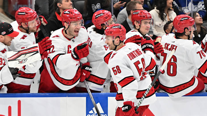 Dec 30, 2023; Toronto, Ontario, CAN; Carolina Hurricanes forward Michael Bunting (58) celebrates