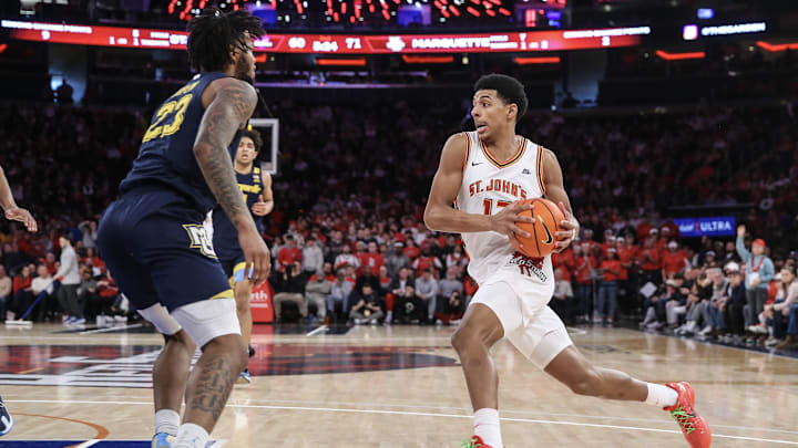 Jan 20, 2024; New York, New York, USA;  St. John's Red Storm guard RJ Luis Jr. (12) looks to drive