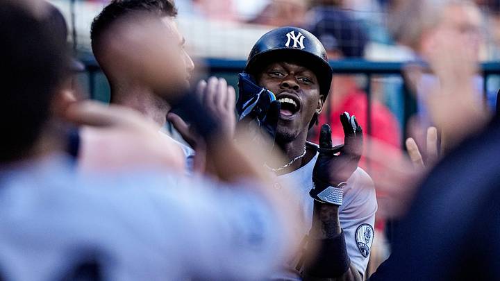 New York Yankees second baseman Jazz Chisholm Jr. (13) celebrates a two run home run against Detroit Tigers during the sixth inning at Comerica Park in Detroit on Tuesday, June 23, 2026.