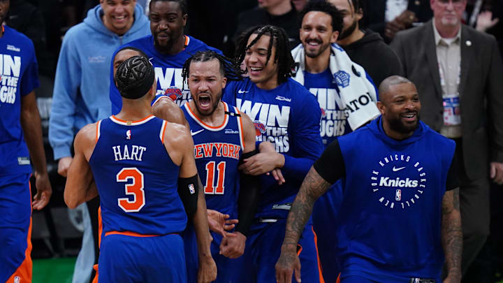 May 5, 2025; Boston, Massachusetts, USA; New York Knicks guard Jalen Brunson (11) reacts with teammates after defeating the Boston Celtics in overtime during game one of the second round for the 2025 NBA Playoffs at TD Garden. Mandatory Credit: David Butler II-Imagn Images