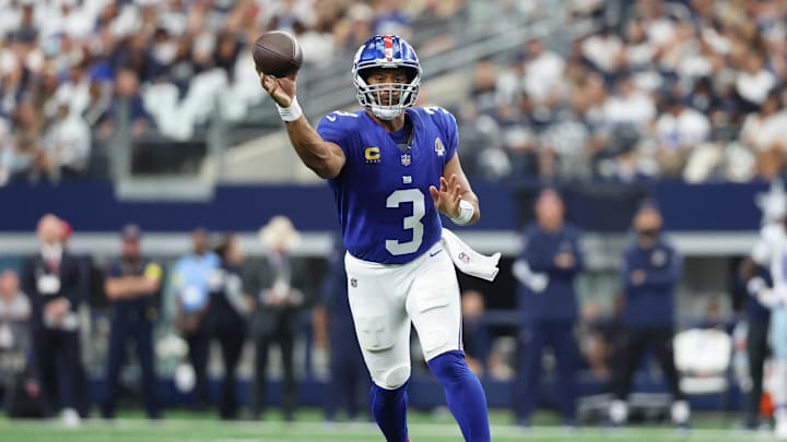 Sep 14, 2025; Arlington, Texas, USA; New York Giants quarterback Russell Wilson (3) passes the ball against the Dallas Cowboys during the first quarter at AT&T Stadium. Mandatory Credit: Kevin Jairaj-Imagn Images