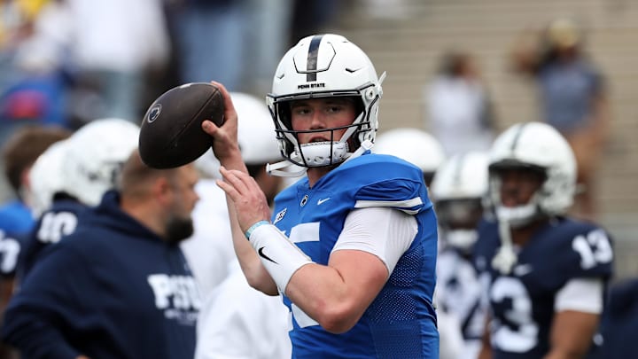 Apr 26, 2025; University Park, PA, USA; Penn State Nittany Lions quarterback Drew Allar (15) throws a pass during a warm up prior to the Blue White spring game at Beaver Stadium. Mandatory Credit: Matthew O'Haren-Imagn Images
