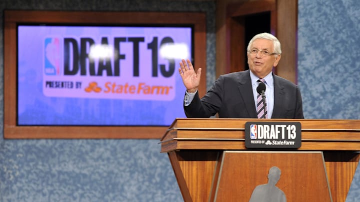Jun 27, 2013; Brooklyn, NY, USA; NBA commissioner David Stern speaks after the first round of the 2013 NBA Draft at the Barclays Center. Mandatory Credit: Joe Camporeale-Imagn Images Jun 27, 2013; Brooklyn, NY, USA; NBA commissioner David Stern speaks after the first round of the 2013 NBA Draft at the Barclays Center. Mandatory Credit: Joe Camporeale-Imagn Images