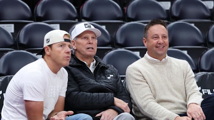 Jan 30, 2026; Salt Lake City, Utah, USA; Utah Jazz Owner Ryan Smith (left) and CEO of basketball operations Danny Ainge (middle) along with president of basketball operations Austin Ainge watch warm ups before a game against the Brooklyn Nets at Delta Center. Mandatory Credit: Rob Gray-Imagn Images