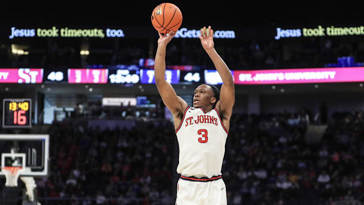 Dec 30, 2023; Elmont, New York, USA;  St. John's Red Storm guard Jordan Dingle (3) takes a three