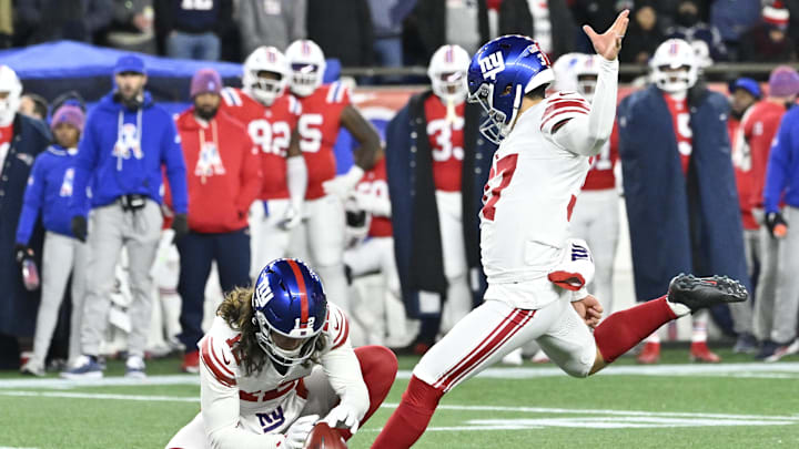 Dec 1, 2025; Foxborough, Massachusetts, USA; New York Giants place kicker Younghoe Koo (37) makes an extra point during the second quarter against the New England Patriots at Gillette Stadium. Mandatory Credit: Eric Canha-Imagn Images