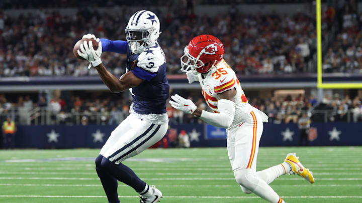 Nov 27, 2025; Arlington, Texas, USA; Dallas Cowboys wide receiver George Pickens (3) catches a pass against Kansas City Chiefs cornerback Jaylen Watson (35) during the fourth quarter at AT&T Stadium. Mandatory Credit: Kevin Jairaj-Imagn Images