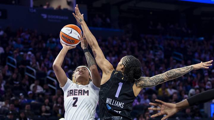 Jun 24, 2026; San Francisco, California, USA; Golden State Valkyries forward Gabby Williams (1) blocks Atlanta Dream guard Te-Hina Paopao (2) during the second quarter at Chase Center. Mandatory Credit: John Hefti-Imagn Images
