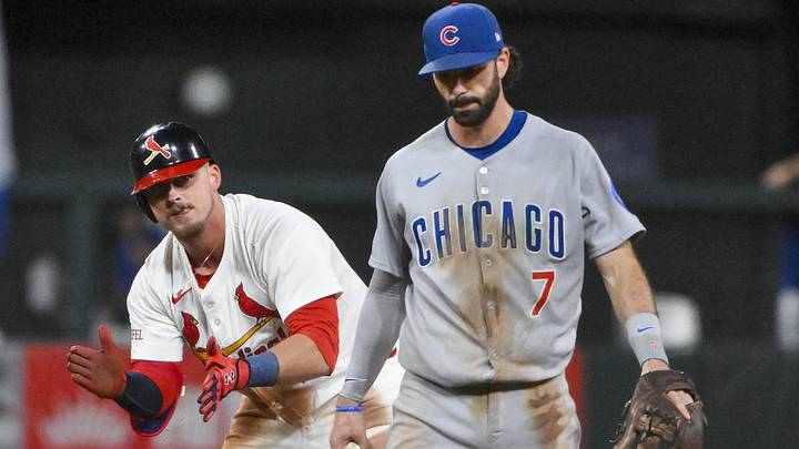 Aug 10, 2025; St. Louis, Missouri, USA;  St. Louis Cardinals third baseman Nolan Gorman (16) reacts after hitting a one run single against the Chicago Cubs during the seventh inning at Busch Stadium. Mandatory Credit: Jeff Curry-Imagn Images