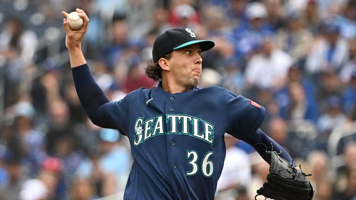 Aug 30, 2026; Toronto, Ontario, CAN;  Seattle Mariners starting pitcher Logan Gilbert (36) delivers a pitch against the Toronto Blue Jays in the first inning at Rogers Centre.  Mandatory Credit: Dan Hamilton-Imagn Images
