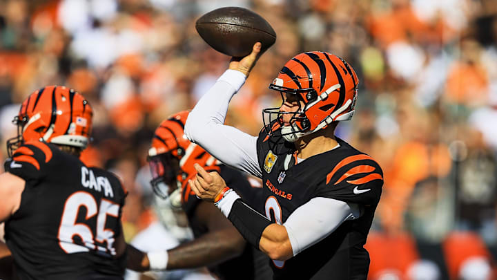 Nov 3, 2024; Cincinnati, Ohio, USA; Cincinnati Bengals quarterback Joe Burrow (9) throws a pass against the Las Vegas Raiders in the first half at Paycor Stadium. Mandatory Credit: Katie Stratman-Imagn Images Nov 3, 2024; Cincinnati, Ohio, USA; Cincinnati Bengals quarterback Joe Burrow (9) throws a pass against the Las Vegas Raiders in the first half at Paycor Stadium. Mandatory Credit: Katie Stratman-Imagn Images