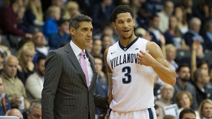 Nov 23, 2016; Villanova, PA, USA; Villanova Wildcats guard Josh Hart (3) talks with head coach Jay Wright during the second half against the Charleston Cougars at The Pavilion. The Villanova Wildcats won 63-47. Mandatory Credit: Bill Streicher-Imagn Images