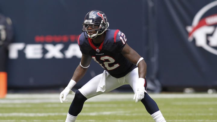 Nov 28, 2010; Houston, TX, USA; Houston Texans wide receiver Jacoby Jones (12) against the Tennessee Titans in the first quarter at Reliant Stadium. Mandatory Credit: Brett Davis-USA TODAY Sports