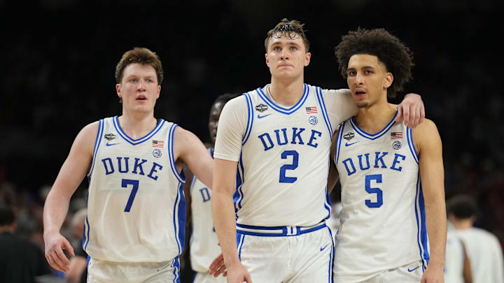Apr 5, 2025; San Antonio, TX, USA; Duke Blue Devils forward Cooper Flagg (2) and Duke Blue Devils guard Tyrese Proctor (5) react against the Houston Cougars in the semifinals of the men's Final Four of the 2025 NCAA Tournament at the Alamodome. Mandatory Credit: Robert Deutsch-Imagn Images Apr 5, 2025; San Antonio, TX, USA; Duke Blue Devils forward Cooper Flagg (2) and Duke Blue Devils guard Tyrese Proctor (5) react against the Houston Cougars in the semifinals of the men's Final Four of the 2025 NCAA Tournament at the Alamodome. Mandatory Credit: Robert Deutsch-Imagn Images